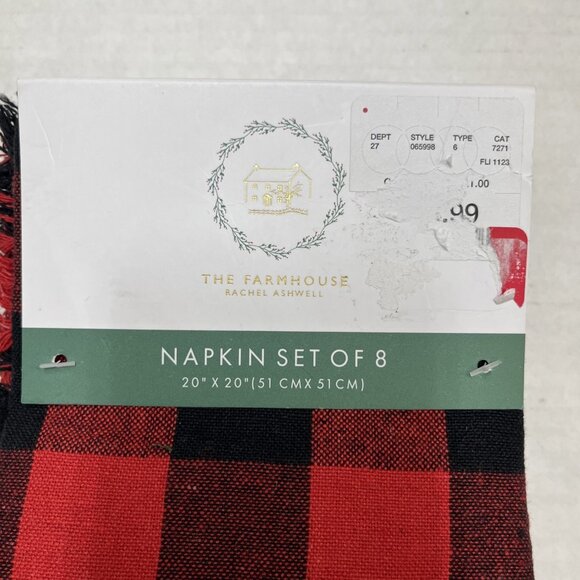 Rachel Ashwell Farmhouse Napkins Buffalo Plaid Red Black Fringe Set Of 8 Holiday - Picture 4 of 7